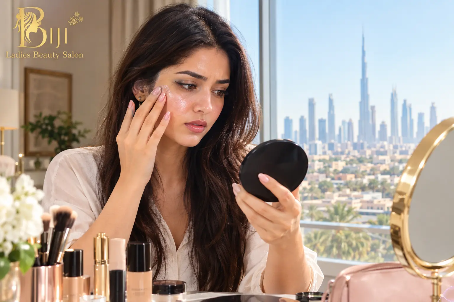 Woman checking oily makeup after a few hours in Dubai heat and humidity
